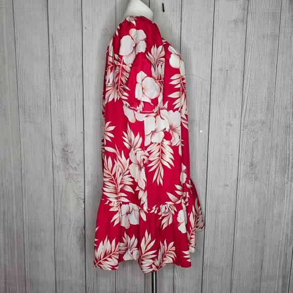 VTG 90s Y2K Hilo Hattie Muumuu Dress XL Red Floral Hawaiian Off Shoulder Aloha - Picture 2 of 6